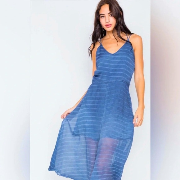 Hummingbird Indigo Blue Contrast Stripes Sheer
Flare Leg Jumpsuit - Picture 3 of 5